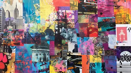 Obraz premium Vibrant urban mosaic showcasing brick textures, graffiti, and architectural silhouettes in city life