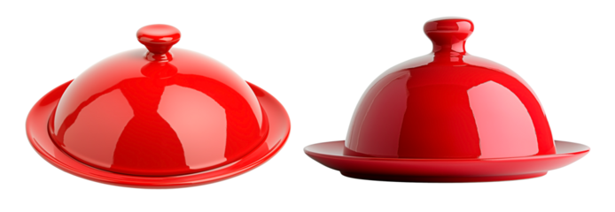 Isolated elegant red sceramic cloche with lid for gourmet presentation element. Culinary presentation accessory in bold red color.
