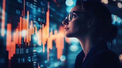 Businesswoman Analyzing Stock Market Data on a Large Screen.
