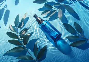 A blue cosmetic bottle lying in water among