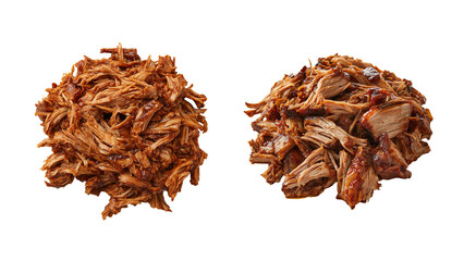 Obraz premium Two piles of shredded pulled pork, tender and saucy, perfect for barbecue dishes, sandwiches, and wraps