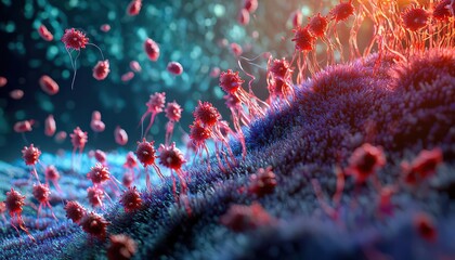 A cinematic depiction of skin cells inflamed by an allergic reaction, the immune system s response shown as a chaotic force, with vivid, painful rashes covering the surface