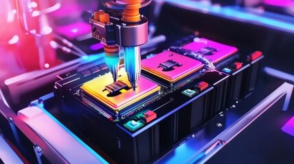 Fototapeta premium An automated machine precisely assembling microchips on a circuit board, illuminated by colorful lighting in a high-tech manufacturing facility.