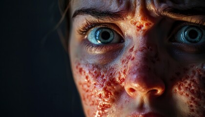 A closeup of a swollen, rash covered face, eyes wide with fear as the person experiences anaphylaxis, the lighting emphasizing the gravity of the situation