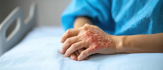A closeup of hands gripping the edge of a hospital bed, skin covered in severe rashes as the immune system reacts aggressively, capturing the tension of the moment