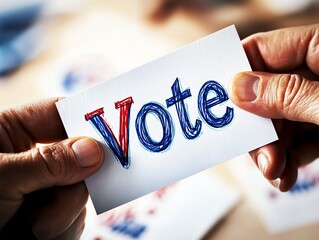 A close-up of hands holding a card with the word 'Vote' prominently displayed, symbolizing civic engagement and participation.