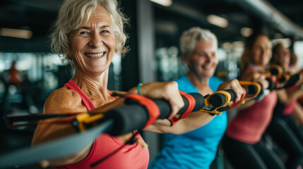 Active women exercising with resistance bands in a fitness center during a group workout session