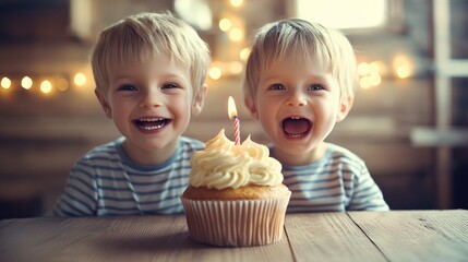 happiness face of children and cute cup cake with candle in front of her