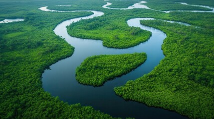 aerial view lush green delta landscape with serpentine rivers rich ecosystem verdant vegetation and winding waterways create natural abstract patterns