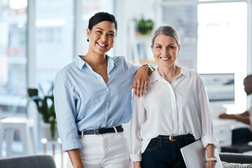 Portrait, smile and teamwork with business women in office together for career development....