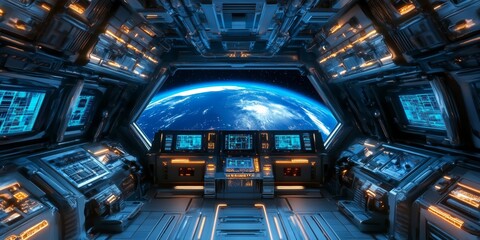 A hyper-realistic spaceship panel made of metal, with a top squared panoramic view of space, featuring neon blue and purple details