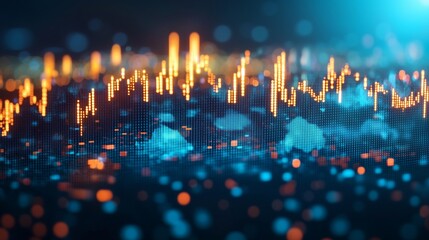 An abstract visualization of financial data, featuring orange lights and a blue background, symbolizing digital markets, analytics, and financial growth.