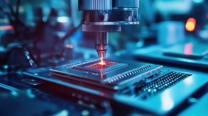 Fototapeta na wymiar A close-up image of a laser etching process on a microchip circuit board, highlighting the precision and intricacy of modern electronics manufacturing.