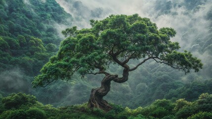 A tree in a forest with a cloudy sky in the background