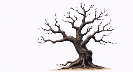 Ancient Twisted Tree - Bare, Weathered Oak on White Background, Symbol of Resilience and Decay png