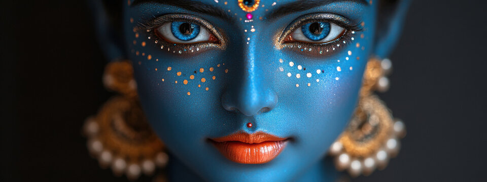 Closeup portrait of Hindu god Lord Krishna with blue skin and beautiful jewelry. Krishna Janmashtami