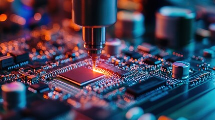 Close-up of a robotic arm performing precision soldering on a circuit board under neon lighting, representing advanced electronics manufacturing.
