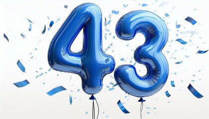 Blue birthday / anniversary balloon, number 43, white background with confetti