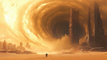 Obraz premium apocalyptic sandstorm engulfing futuristic city massive swirling sand clouds glimpses of towering structures warm orange tones with cool blue accents