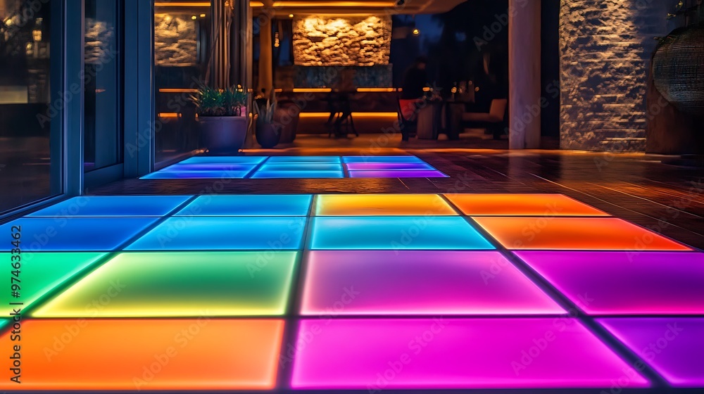 Sticker Illuminated Rainbow Floor Tiles in Modern Interior.