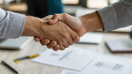 Two business partners shake hands in a creative office atmosphere to sign a cooperation agreement. A firm handshake symbolizes mutual trust and success.