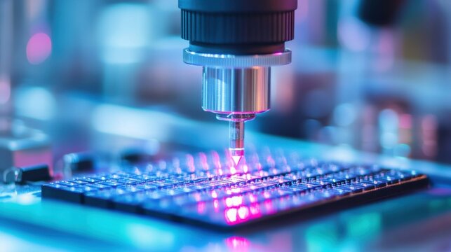 Close-up of a robotic arm performing precision soldering on a circuit board under neon lighting, representing advanced electronics manufacturing.
