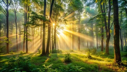 Serene misty dawn unfolds over tranquil forest, with sunbeams filtering through lush green canopy, casting a warm golden glow on the dewy foliage and forest floor.