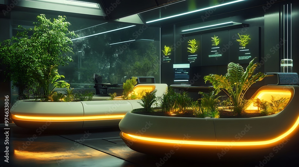 Canvas Prints Futuristic Office Interior with Plants and Illuminated Pods.