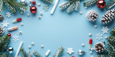 Christmas medical background with pills forming a frame with copy space, a design surrounding by fir branches and christmas decoration. Banner.Flat lay, top view. Copy space. Mock up.