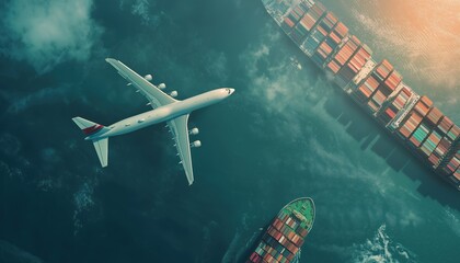 Obraz premium Cargo Plane Flying Over Ship Port Covering World Map Import-Export, Network Logistics Partnership Connecting Busiest Container Ports With Container Ships Loading And Unloading In Background.