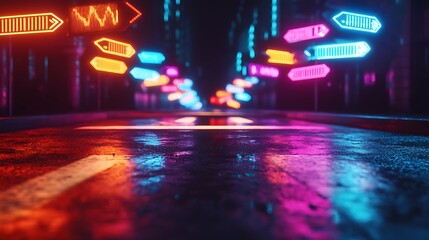 Neon Lights Reflecting on Wet Asphalt Road.