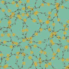 A colorful floral pattern featuring yellow flowers and green leaves on a turquoise background.