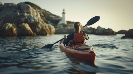 Fototapeta premium A kayaker boating in shallow rocky sea with lighthouse