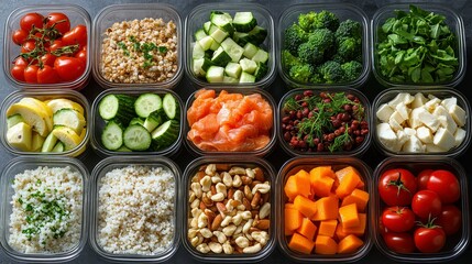 A colorful array of prepared meal ingredients in containers for healthy eating.