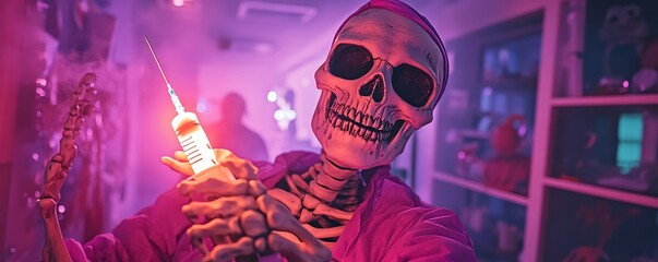 A colorful skeleton holding a glowing syringe in a vibrant, spooky atmosphere, perfect for Halloween-themed events and decorations.