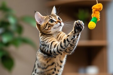 A playful Savannah cat jumping to great heights to catch a dangling toy, showcasing its athleticism and agility