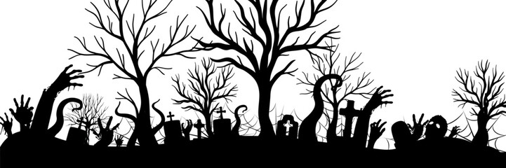 Cemetery tombs, tentacles, walking dead and zombie rising up hands silhouettes. Vector isolated border. Decoration elements for halloween design.