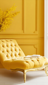 Elegant tufted velvet chaise lounge with gold accents, a luxurious statement piece on isolated pastel lemon yellow.