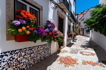 Naklejka premium A quiet corner in Lisbonâ€™s Alfama, with colorful flowers hanging from window boxes and tiled walls
