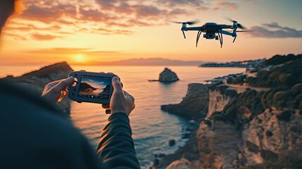Fototapeta premium A person controls a drone over a coastal landscape at sunset, capturing stunning views with a remote device.