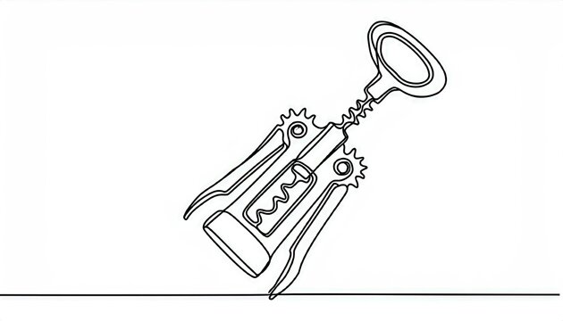 recommend clip art: Single continuous line drawing of wine corkscrew and wine bottle; isolated on white background