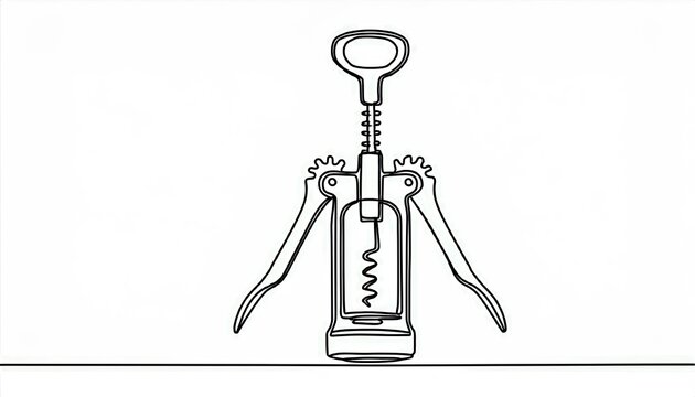 recommend clip art: Single continuous line drawing of wine corkscrew and wine bottle; isolated on white background