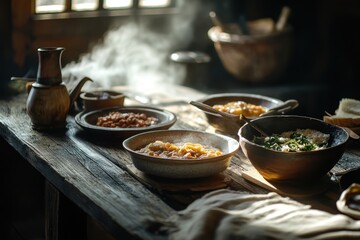A rustic table set with various traditional dishes, creating a warm, inviting atmosphere.