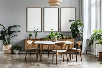 Scandinavian style dining room with grey walls, wall art frames, Scandinavian furniture, wooden sideboard, round white table, and chairs. Minimalistic design with natural lighting.