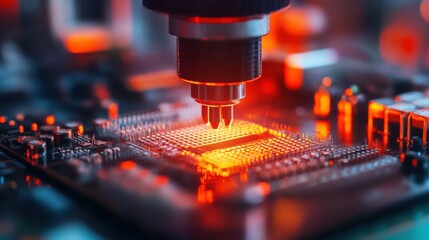 Precision Laser Cutting on a Silicon Wafer. The laser head is focused on the wafer, performing intricate cuts required for semiconductor manufacturing. 