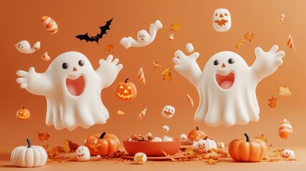Obraz premium Happy Halloween Ghosts and Pumpkins D Render
