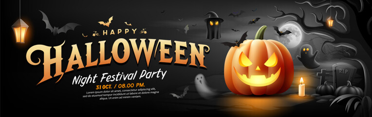 Happy Halloween message text design, Pumpkins, Scary tree, ghost, bat flying, banner on black background, Eps 10 vector illustration
