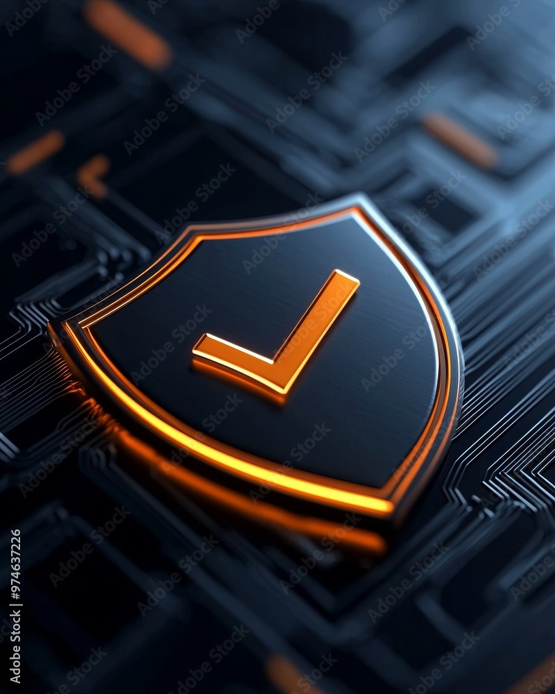 Poster a glowing shield with a checkmark on a circuit board background, symbolizing digital security and pr
