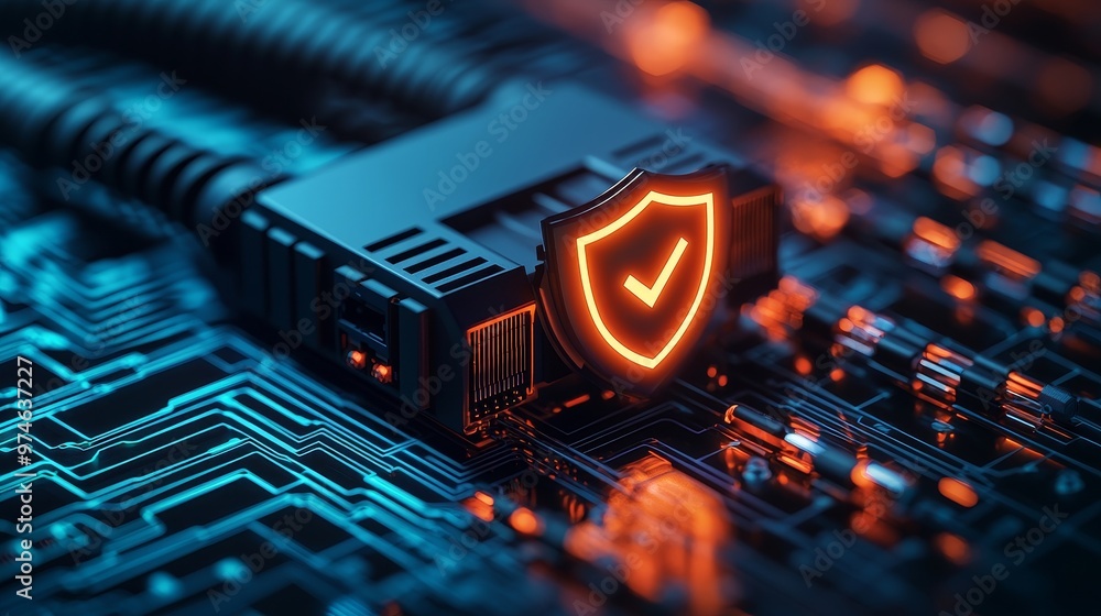 Poster a glowing shield with a checkmark sits on a circuit board, symbolizing digital security and protecti