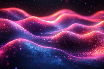 futuristic data stream visualization abstract pink purple and blue neon lines forming dynamic wave patterns against dark background conveying highspeed information flow